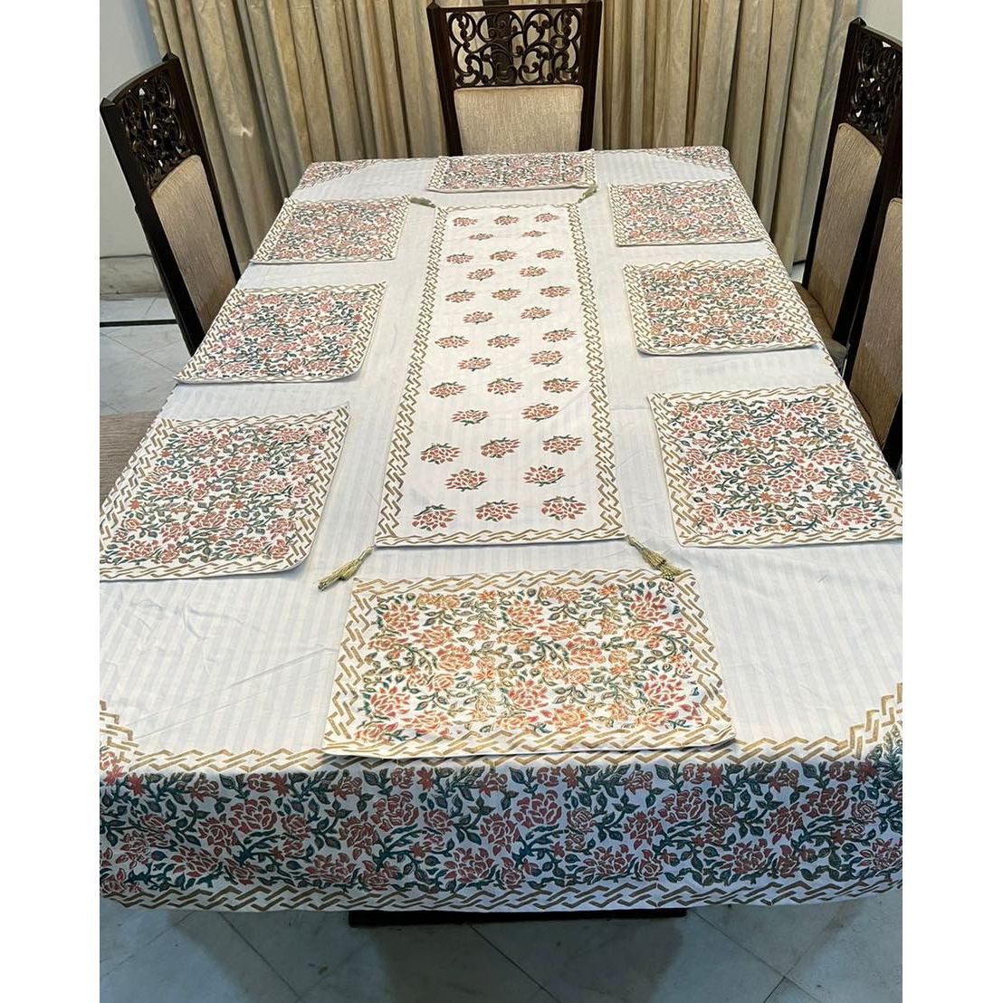 Block Printed Table Runner And Placemats Dining Sheet For Table Of 6
