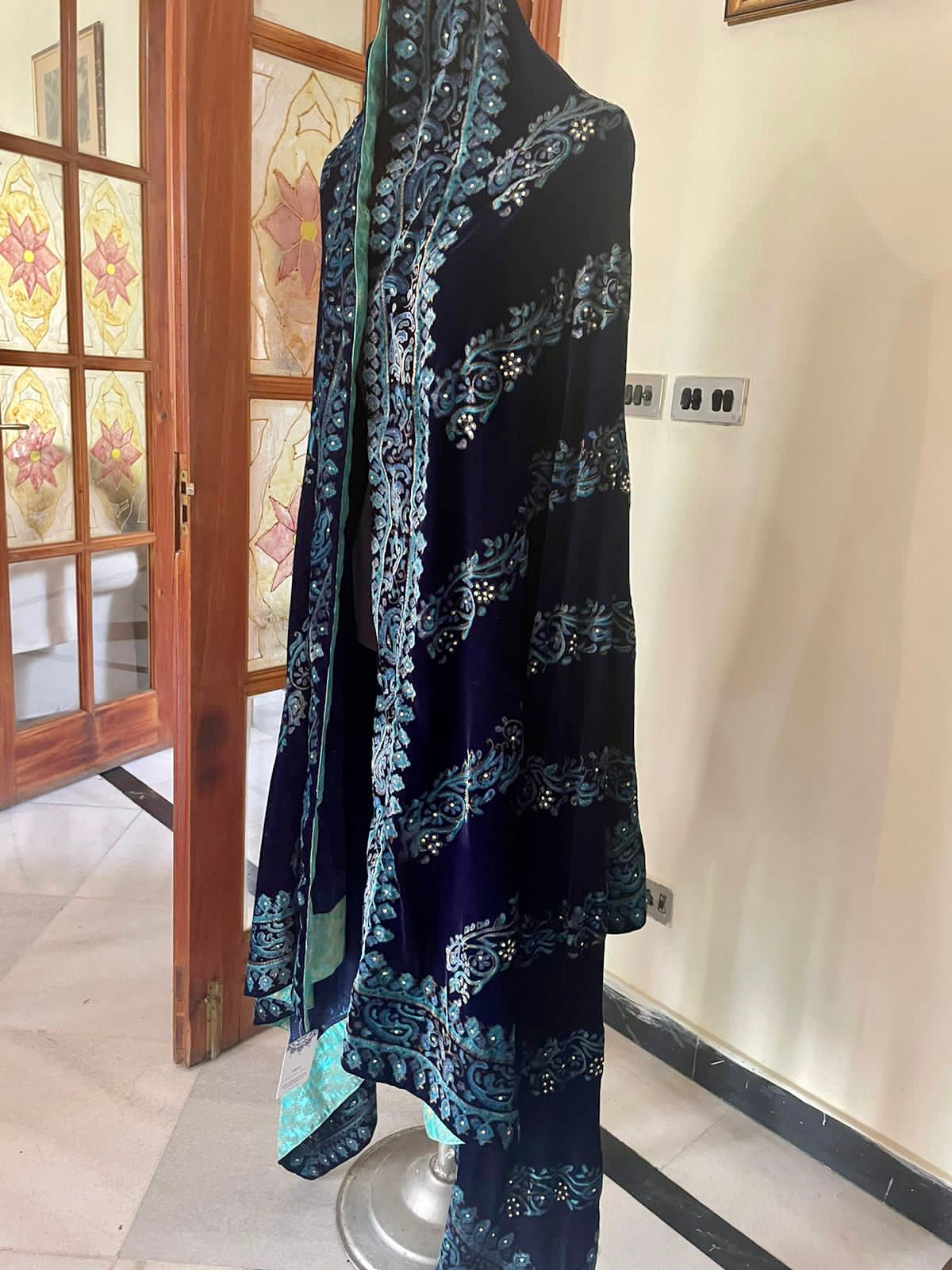 Block Printed Velvet Shawl With Embellishments
