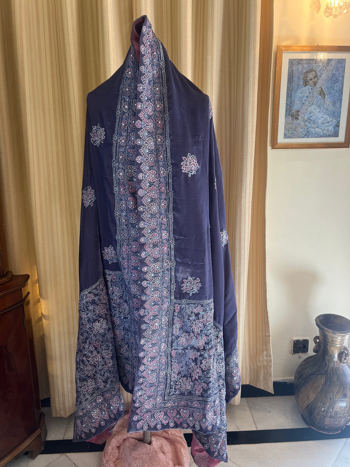 Block Printed Velvet Shawl With Embellishments